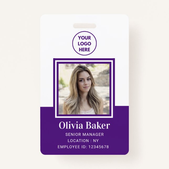Modern Purple Photo ID Business Logo Employee  Badge (Front)