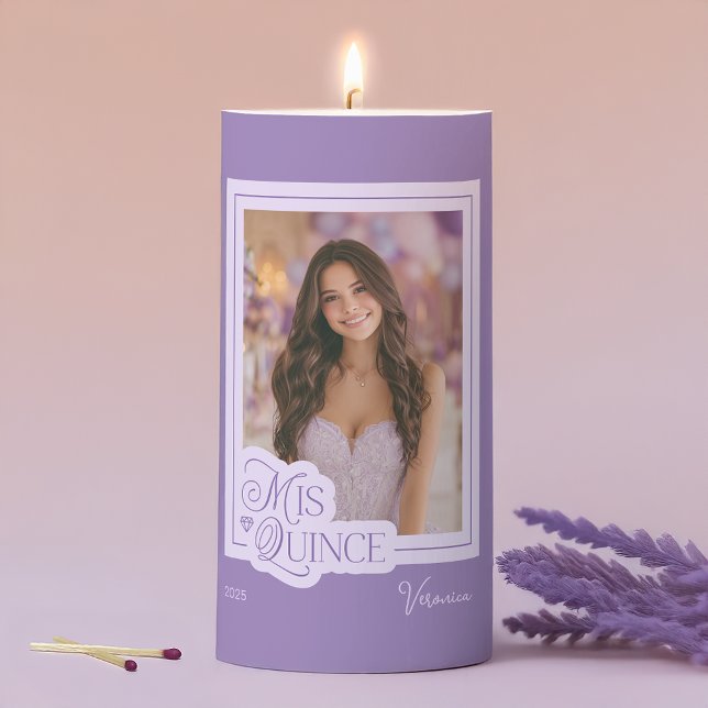 Modern Purple Photo Mis Quince Keepsake Pillar Candle (Creator Uploaded)