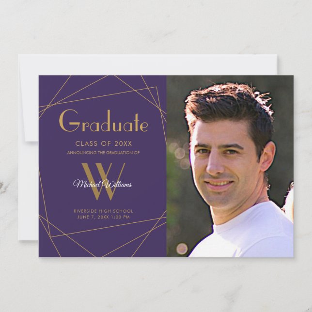 Modern Purple Photo Monogram Geometric Graduation Announcement (Front)