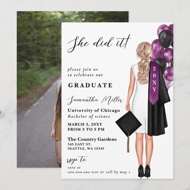 Modern Purple Photo She Did It Graduation Invitation (Front/Back)
