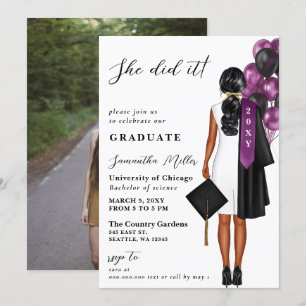 Modern Purple Photo She Did It Graduation Invitation