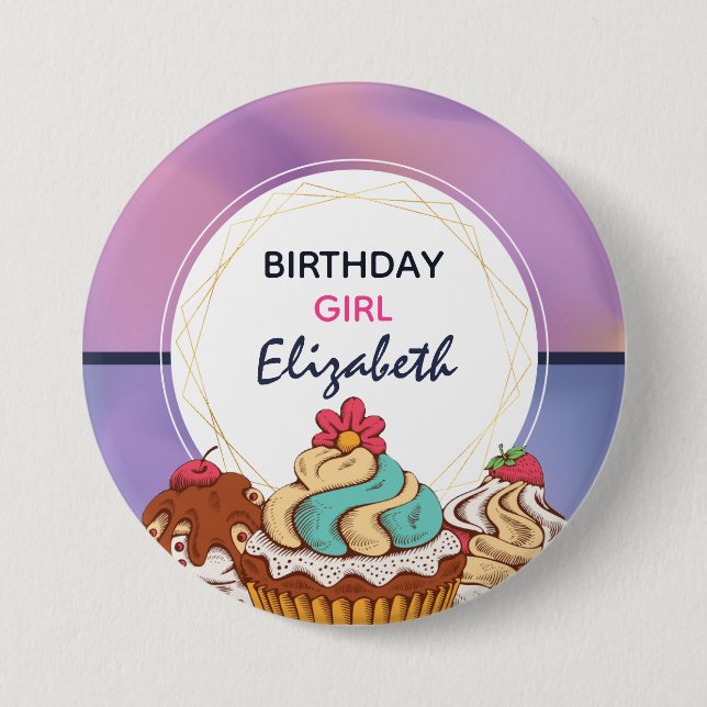 Modern Purple & Pink Abstract Birthday Girl Button (Front)