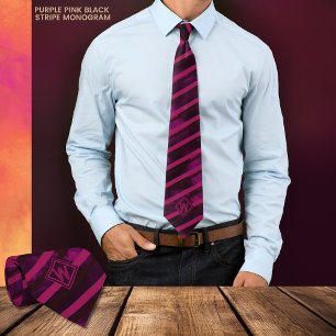 Modern Purple Pink Black Stripe Monogram Neck Tie