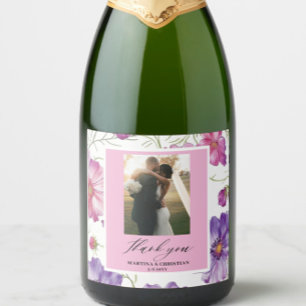 Modern Purple Pink Blossom Script Photo Wedding  Sparkling Wine Label