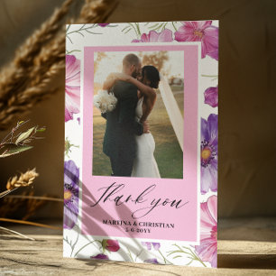 Modern Purple Pink Blossom Script Photo Wedding  Thank You Card