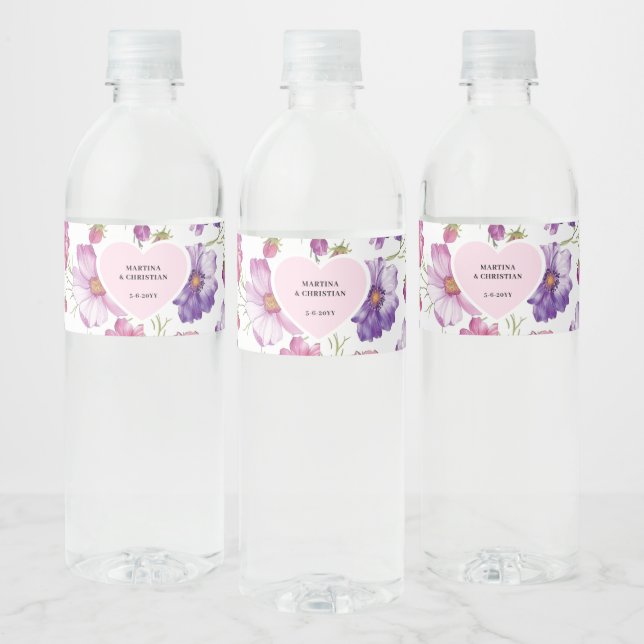 Modern Purple Pink Blossom Script Photo Wedding  Water Bottle Label (Bottles)