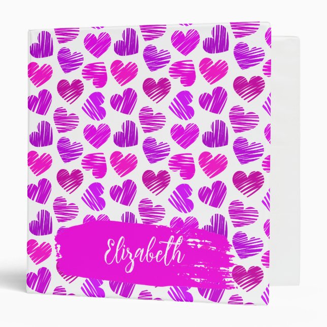 Modern Purple Pink Doodled Hearts Valentine Name  3 Ring Binder (Front/Inside)