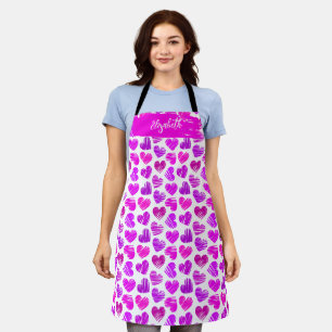 Modern Purple Pink Doodled Hearts Valentine Name Apron