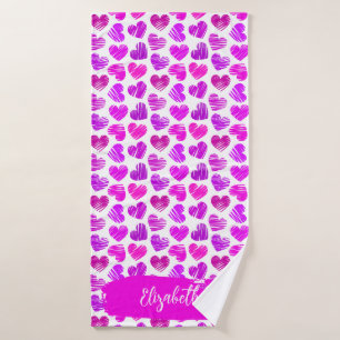 Modern Purple Pink Doodled Hearts Valentine Name Bath Towel