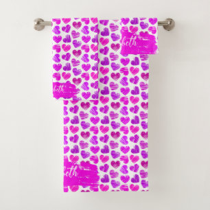Modern Purple Pink Doodled Hearts Valentine Name Bath Towel Set
