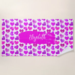 Modern Purple Pink Doodled Hearts Valentine Name  Beach Towel