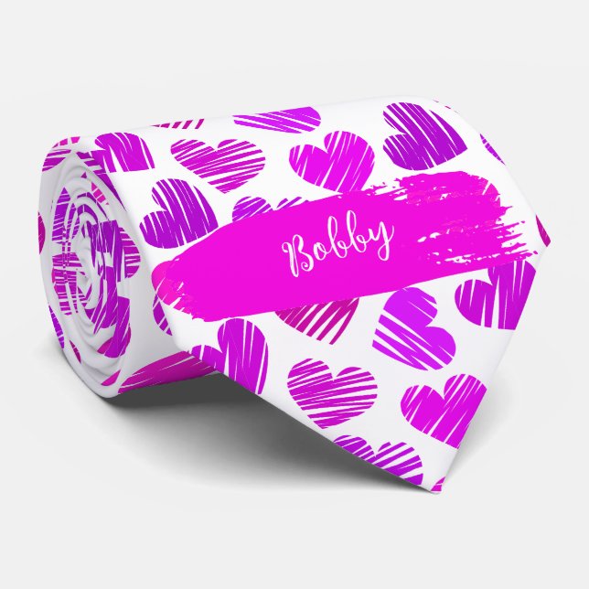 Modern Purple Pink Doodled Hearts Valentine Name  Neck Tie (Rolled)