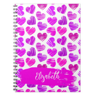 Modern Purple Pink Doodled Hearts Valentine Name  Notebook