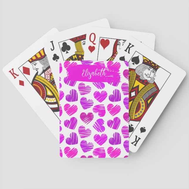 Modern Purple Pink Doodled Hearts Valentine Name  Poker Cards (Back)