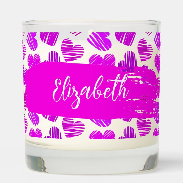 Modern Purple Pink Doodled Hearts Valentine Name  Scented Candle (Front)