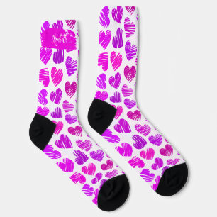Modern Purple Pink Doodled Hearts Valentine Name Socks