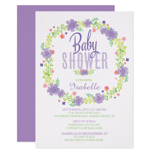 Modern Purple Pink Floral Wreath Baby Shower Invitation