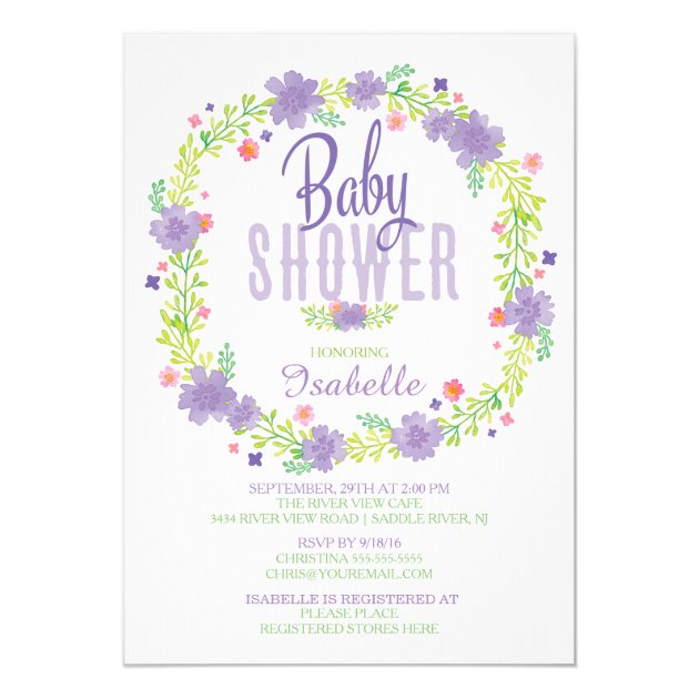 Modern Purple Pink Floral Wreath Baby Shower Invitation