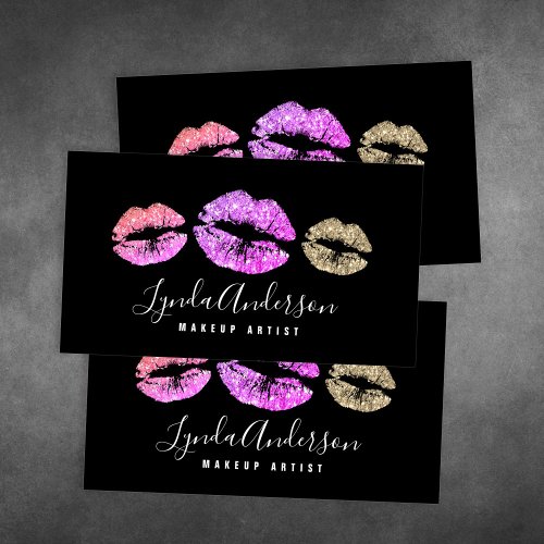 Modern purple pink gold glitter makeup artist busi business card