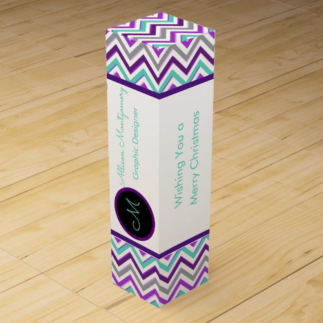 Modern Purple, Pink, Grey, and Teal. Chevron Wine Box (Front)