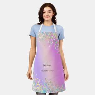Modern Purple Pink Holographic Glitter Monogram  Apron