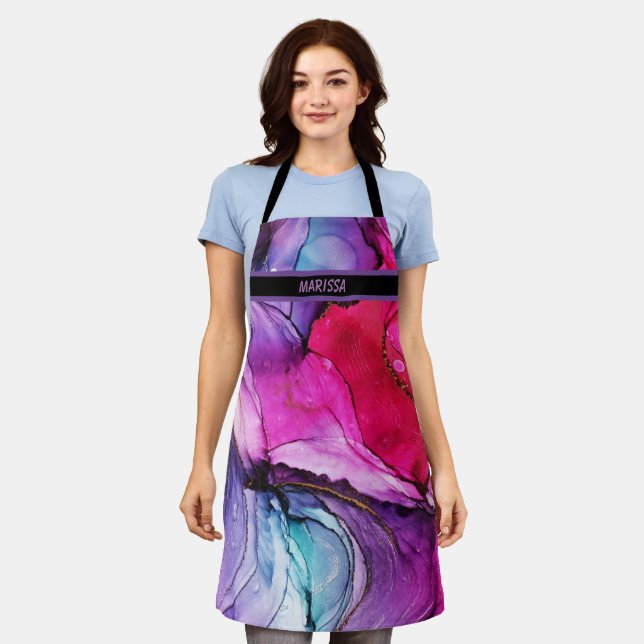 Modern Purple Pink Marbled Customizable Name  Apron (Worn)