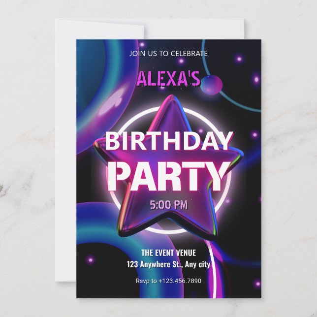 Modern Purple pink neon star galaxy birthday Invitation (Front)