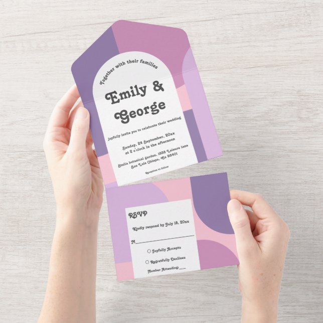 Modern Purple Pink Pastel Retro Abstract Wedding All In One Invitation (Tearaway)