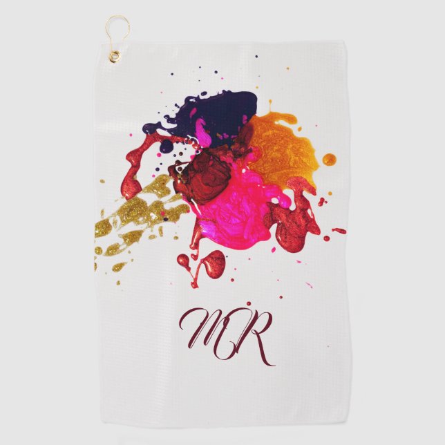 Modern Purple Pink Red Gold Paint Splatter Golf Towel (Front)