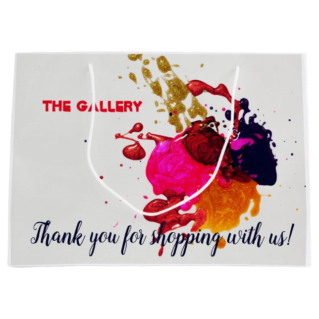 Modern Purple Pink Red Gold Paint Splatter Large Gift Bag (Front)