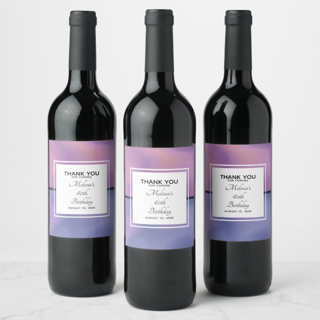 Modern Purple & Pink Swirling Abstract Birthday Wine Label (Bottles)