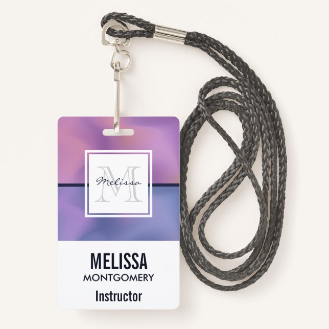 Modern Purple & Pink Swirling Abstract Monogram Badge (Front with Lanyard)