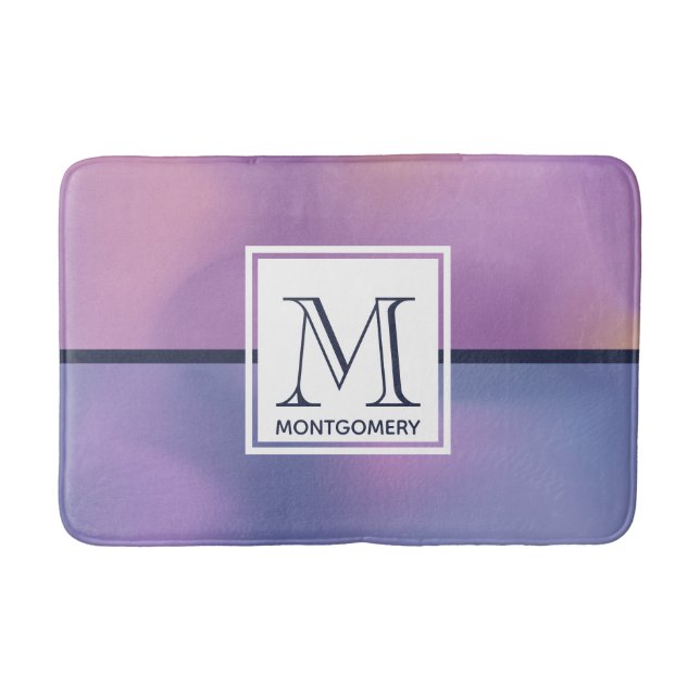 Modern Purple & Pink Swirling Abstract Monogram Bath Mat (Front)