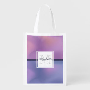 Modern Purple & Pink Swirling Abstract Monogram Grocery Bag