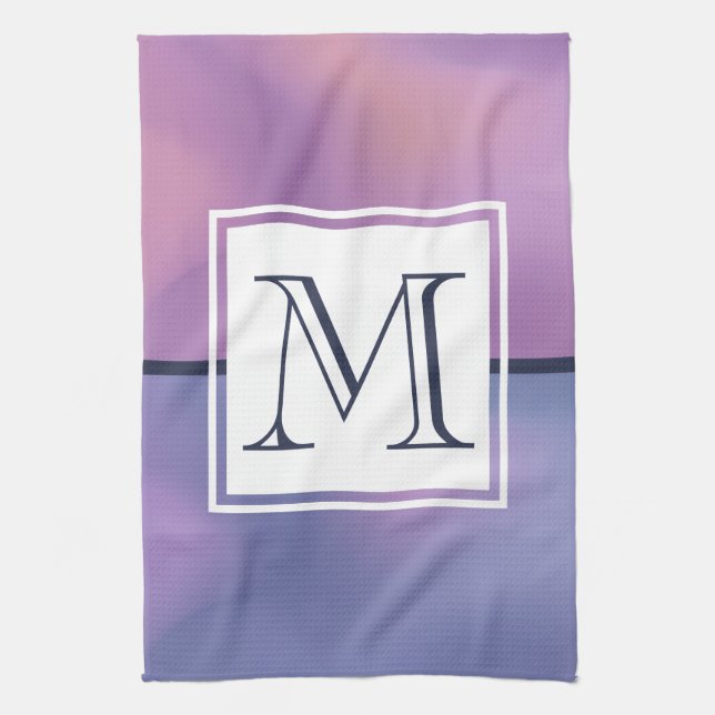 Modern Purple & Pink Swirling Abstract Monogram Kitchen Towel (Vertical)