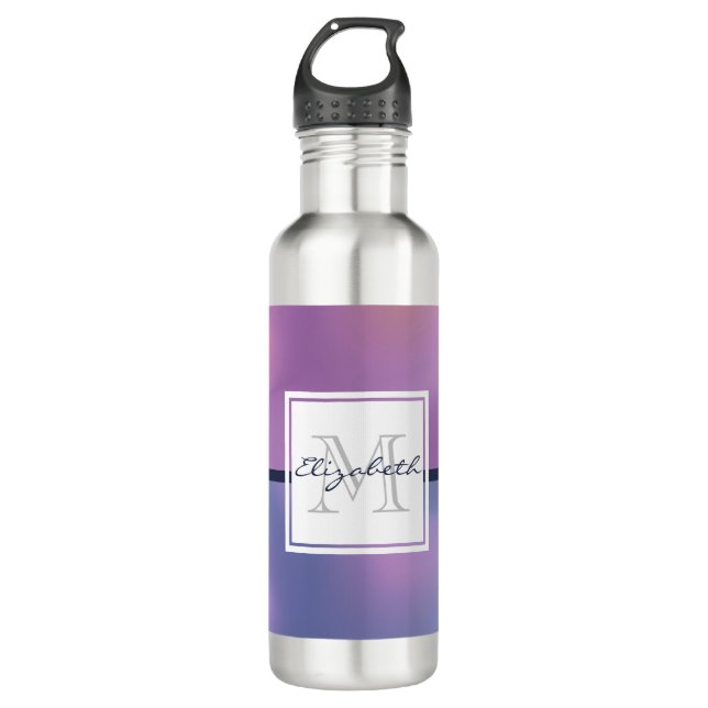 Modern Purple & Pink Swirling Abstract Monogram Stainless Steel Water Bottle (Front)