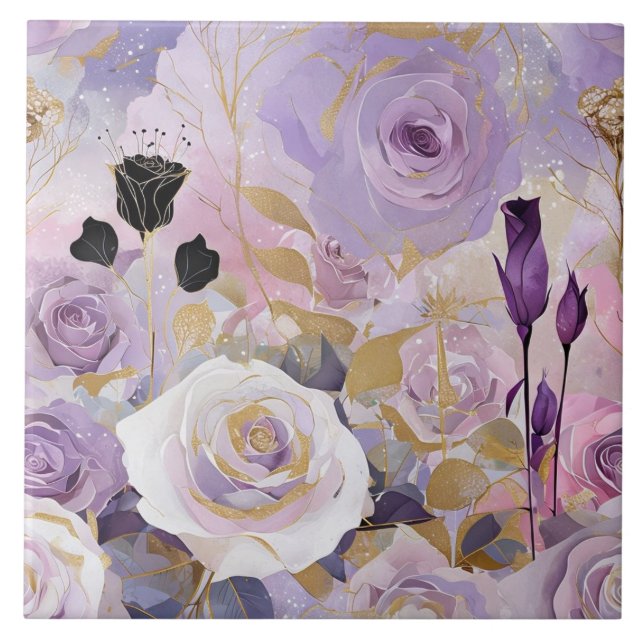 Modern Purple/ Pink/ White Roses Ceramic Tile (Front)