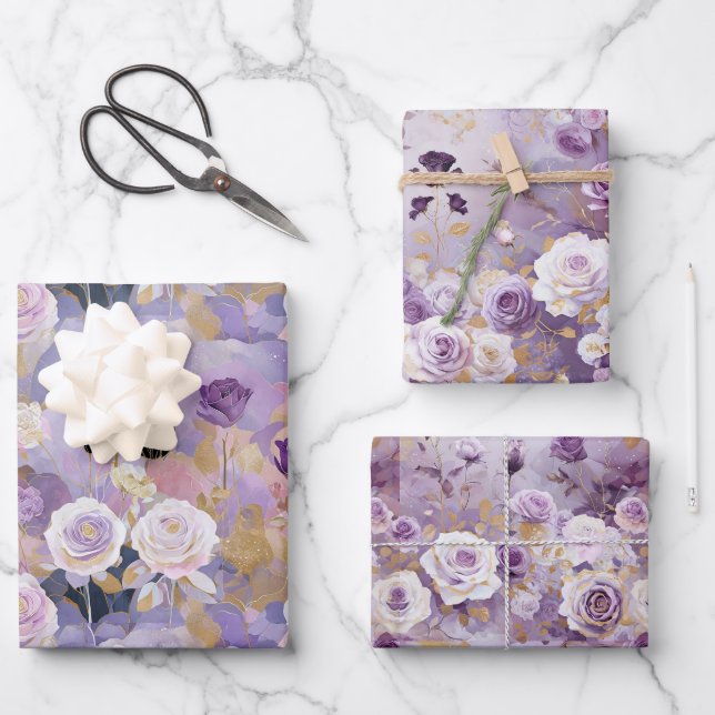 Modern Purple/ Pink/ White Roses Pattern Wrapping Paper Sheets (Front)