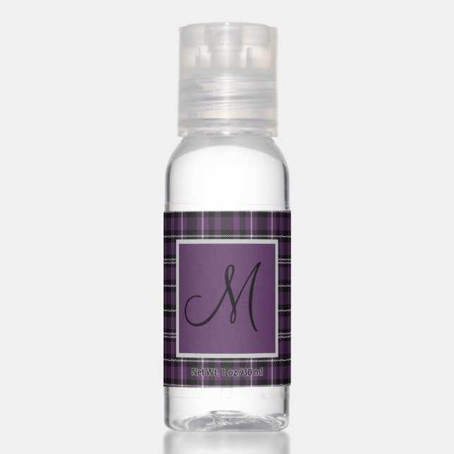 Modern Purple Plaid Monogram Hand Sanitizer (Front)