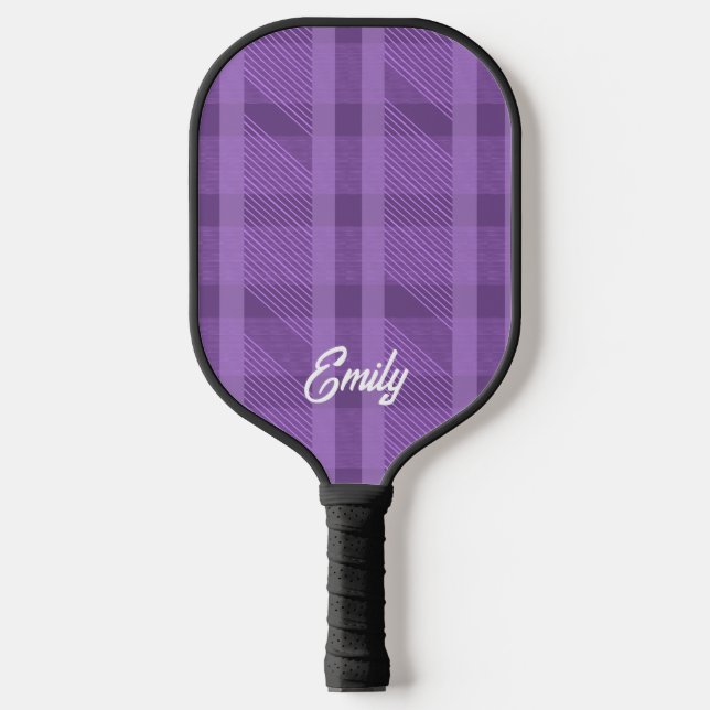 Modern Purple Plaid Name Pickleball Paddle (Front)