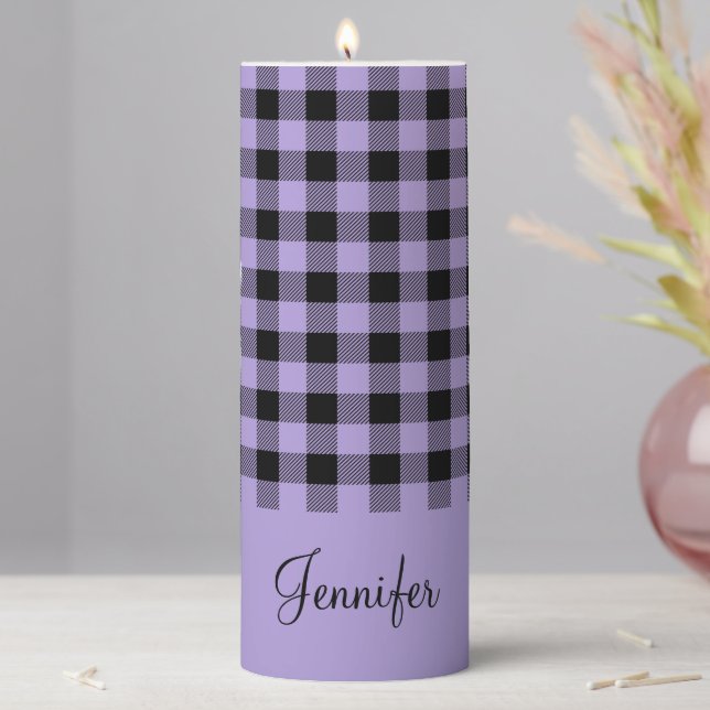 Modern Purple Plaid Pattern Custom Name Pillar Candle (In Situ)