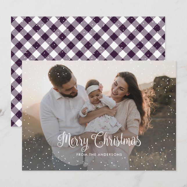 Modern Purple Plaid Snow Photo Merry Christmas Holiday Card (Front/Back)