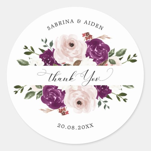 Modern Purple Plum Blush Pink Floral Wedding  Classic Round Sticker