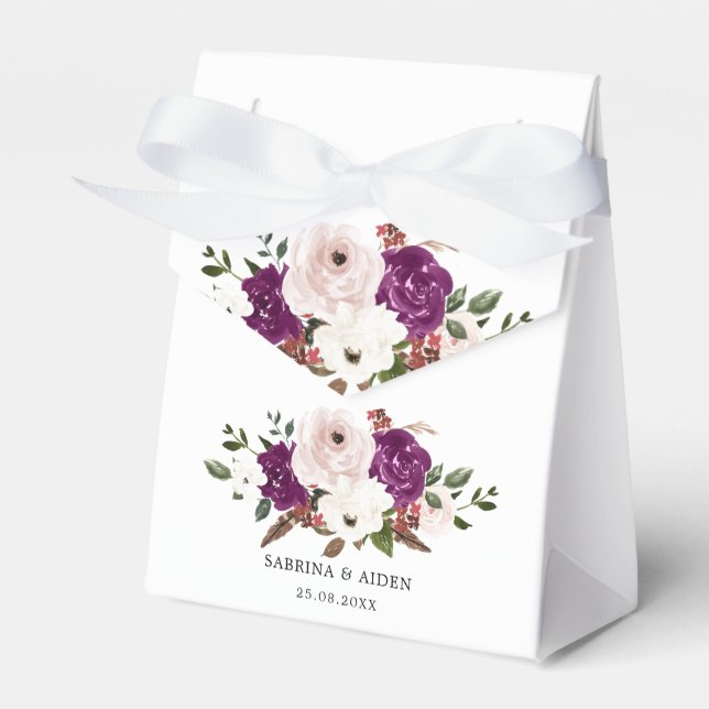Modern Purple Plum Blush Pink Floral Wedding Favor Boxes (Front Side)