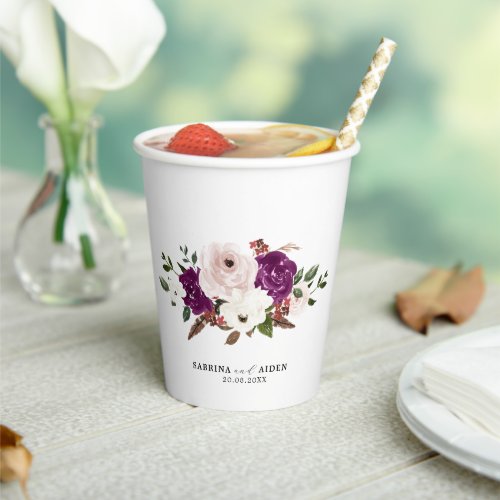 Modern Purple Plum Blush Pink Floral Wedding Paper Cups