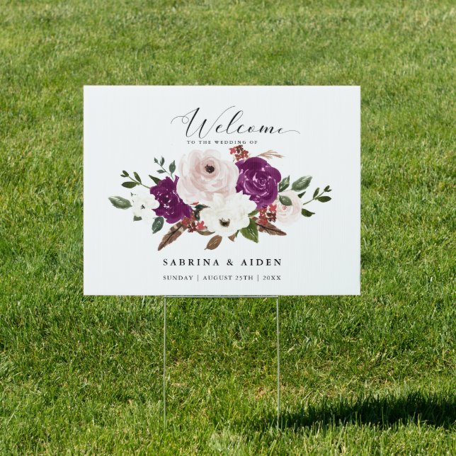 Modern Purple Plum Blush Pink Floral Wedding  Sign (Insitu)