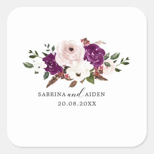 Modern Purple Plum Blush Pink Floral Wedding  Square Sticker