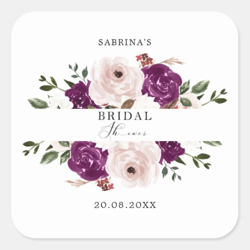 Modern Purple Plum Blush Pink Floral Wedding  Square Sticker