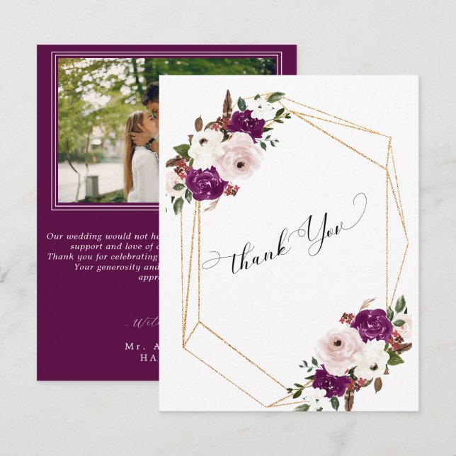 Modern Purple Plum Blush Pink Floral Wedding Thank You Card (Front/Back)