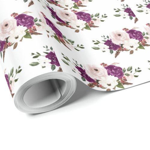 Modern Purple Plum Blush Pink Floral Wedding Wrapping Paper